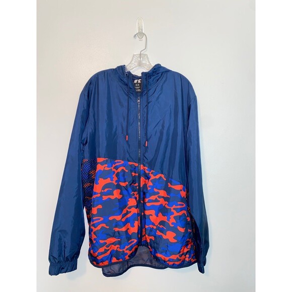 Russell Athletic Mens Windbreaker XL Blue Camouflage Full Zip Up Lightweight - Picture 1 of 6